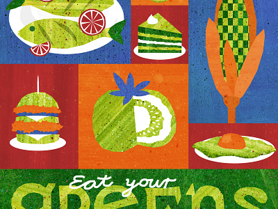 Eat Your Greens burger cake corn eat your greens egg fish food food illustration green greens illustration illustration art tomato