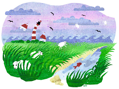 Bit of a Breeze blowing breeze coast germany grass illustration illustration art illustration design illustrations lighthouse northern sheep waves wind