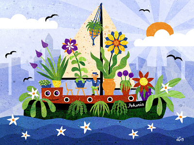 Happy Houseboat boat green houseboat illustration illustration art illustration design illustrations plants