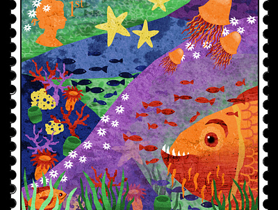 Stamp 1: Water corals fish illustration illustration art illustration design illustrations ocean royal mail squid stamp underwater water