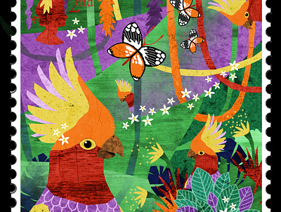 Stamp 2: Tropical birds butterflies flowers forest illustration illustration art illustration design illustrations illustrator jungle parrot tropical