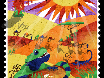 Stamp 4: Desert africa agama camels caravan desert dunes hot illustration illustration art illustration design illustrations illustrator reptile sahara scorpion sun sweating