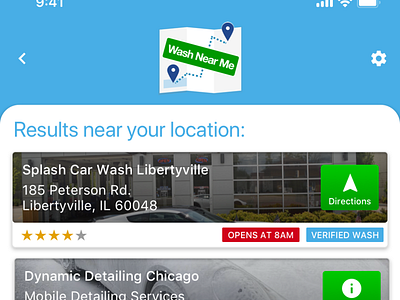 Car Wash Location Results app app branding app design automotive badges card ios list navigation results reviews