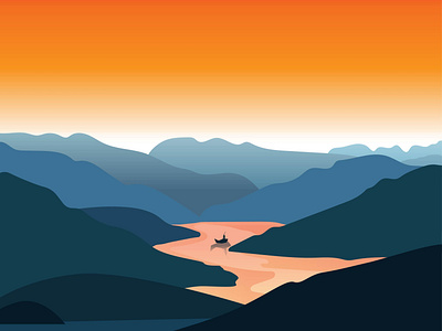 Sunset and a Lonely Boatman art boatman branding design graphic design illustration landscape mountain sunset ui vector