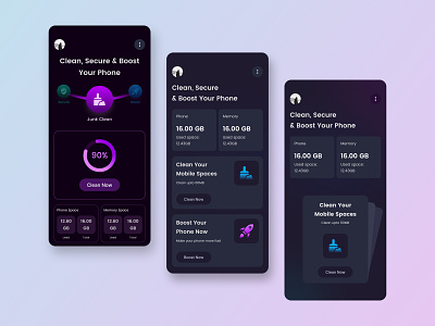 Mobile Phone cleaning App app boost boosting clean cleaning creative junk mobile mobileapp modern phone app ui uidesign uiux uiuxdesign unique ux uxdesign