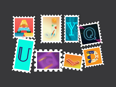 26 Days of Type Stamps letters neon space. isometric stamps vector