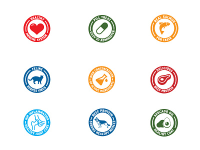 Global Pet Nutrition Icons branding cats dogs fish heart icons illustration meat pets product labels product packaging science