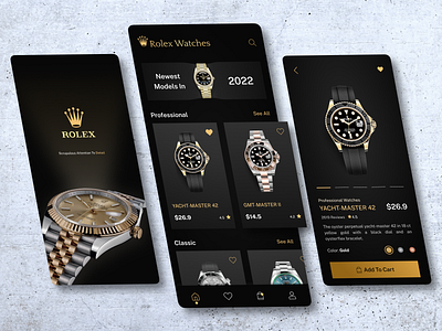 Rolex watch shop App app branding dark dark mode design graphic design logo luxury luxury brand mobile rolex rolex watch shop shop app ui uiux ux watch