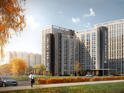 Business center "Izhorskaya" 3d 3dsmax autumn cgi complex exterior grozniy modelling render visualization vray