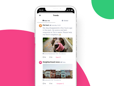 Trend feed card city feed flat iphone x neighbor news pink pulse security share trend trendy ui ux wall