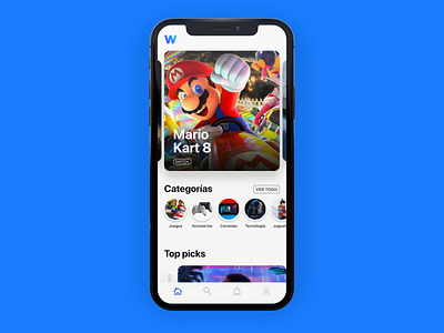 Videogame ecommerce app cards carousel chile clean elevation flat games geek iphone x mario kart mariobros minimal rotato simple tech top video game videogame