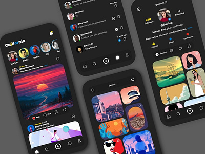 Social media app - California app black california dark design feed home instagram media sharing mockup photo sharing profile prototype simple simple feed social social media ui