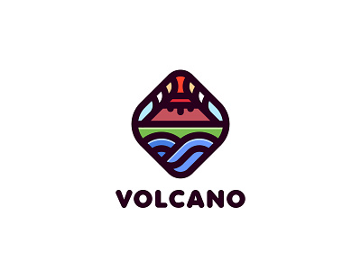 Volcano Logo brand branding fire grass illustration island label lava line logo logotype mark mountain ocean outline sky smoke volcano water wolf