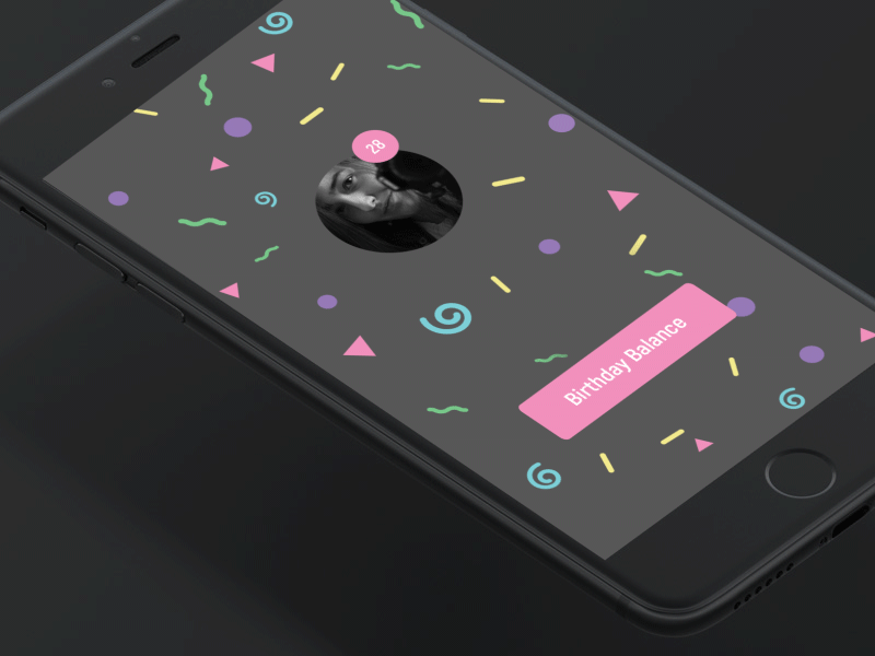 Birthday Balance app balance birthday confetti mobile prototype ui