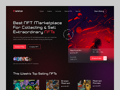 NFT Marketplace Website bitcoin bitcoin wallet blockchain crypto exchange crypto trading crypto wallet cryptoart cryptocurrency digital art ethereum hero section landing page nft nft collection nftart nfts token ui web design website