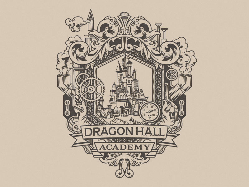 DragonHall Academy branding crest decorative design dropcap handlettering illustration lettering letters logo steampunk victorian