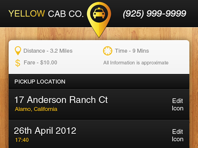 Taxi Company Booking App android app book cab california distance fare iphone location logo map pin pinpoint point taxi time yellow