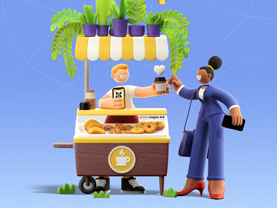 Imagine Rewards 3d 3d character 3d design 3d illustration c4d cgi character cinema4d coffee food cart payment app qr code rewards app