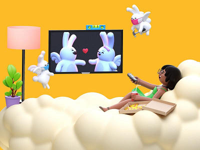 TV Mounting Sorted! 3d characters animation bunnies c4d cgi character character design cinema4d illustration plants