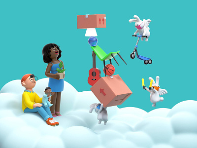 Celebrate The Done! 3d 3d characters c4d character cinema4d clouds illustration moving rabbits taskrabbit