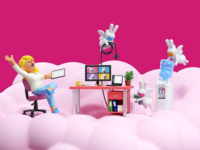 Celebrate The Done! 3d bunnies c4d character cinema4d clouds desk home office illustration taskrabbit to do list work from home
