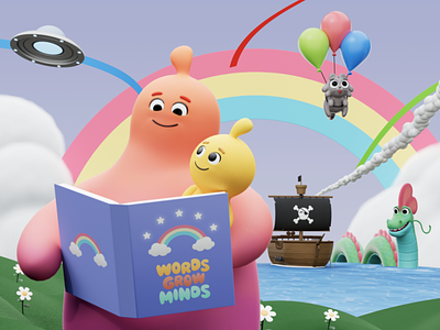Words Grow Minds 3d adorable animation background branding c4d character cinema4d colour design illustration scene