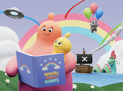 Words Grow Minds 3d adorable animation background branding c4d character cinema4d colour design illustration scene