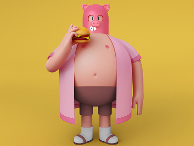Pigging Out ! 3d animation c4d character cinema4d fast food gif illustration pig pigout takeaway vector