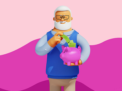 Saving money 3d. character c4d cinema4d grandpa guy man medical money piggybank saving suit