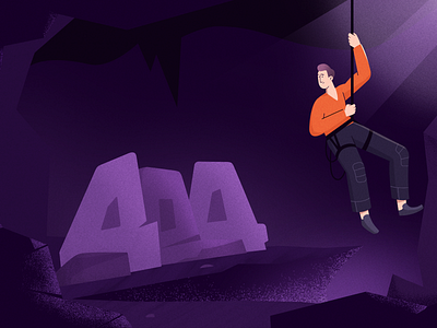 404 2d 404 404 page cave character character art character creation design dribbbleweeklywarmup flat illustration mountain rope stone vector