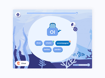 Lalilo's exercice animal illustration app blue children childrens illustration design app exercise app exercises illustration interface design learning app learning french literacy nature ocean pedagogy students ui ui ux whale