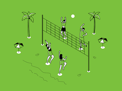 Summer time isometric illustration activity beach character design illustration isometric isometry line style summer volleyball