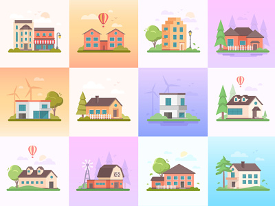 Flat cottages collection architecture building city collection cottage design flat design home house illustration style suburban town vector