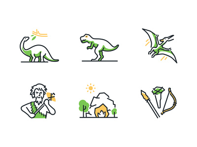 Prehistoric times line icons cave caveman collection design dinosaurs era history icon line pregistoric style times tools vector