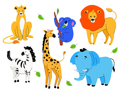 Cute exotic animals - set of character animal character composition design elephant exotic flat design giraffe illustration koala lion style vector wildlife zebra