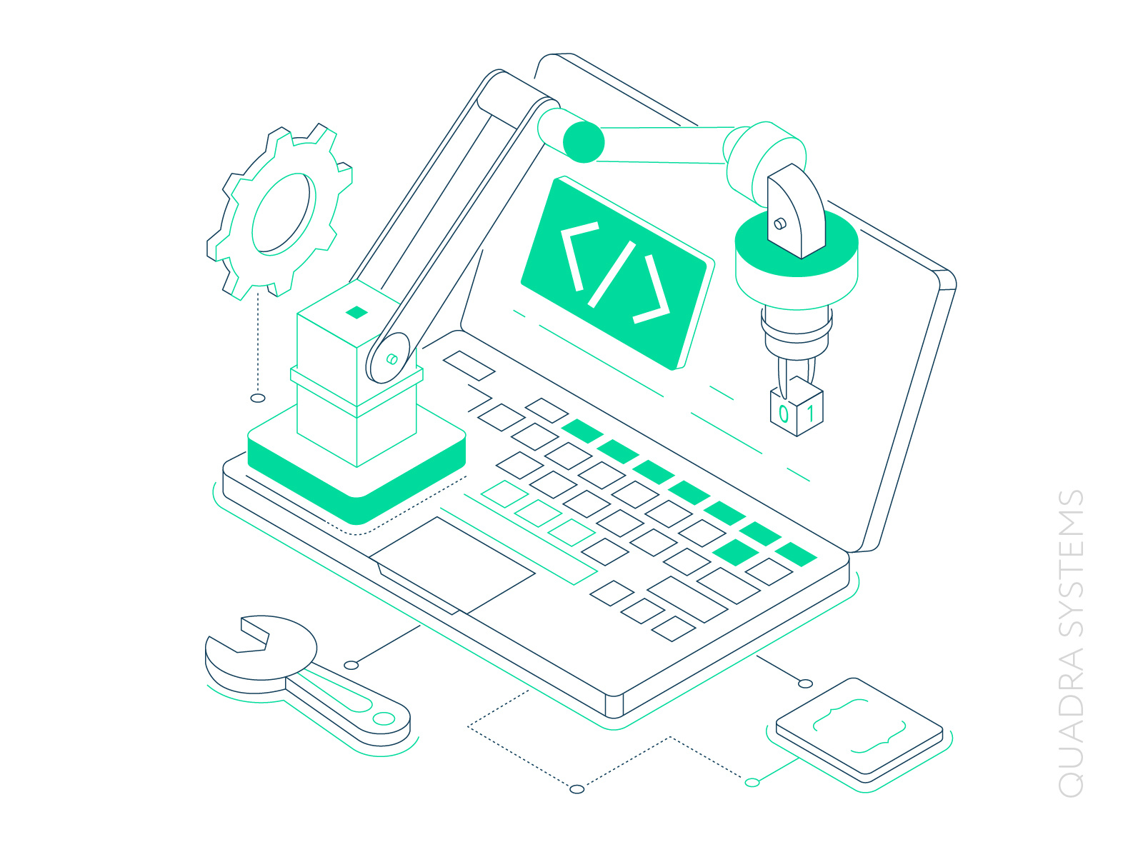 Custom Project for Quadra Systems custom illustration custom project design illustration isometric design line isometry robotic arm sketch style technology vector