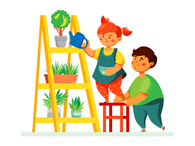 Children watering plants - illustration character characterdesign children composition design flat design garden illustration plant style vector