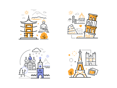 Sightseeing - line banners architecture design eiffel tower icon illustration kremlin landmark line pagoda pisa tower place style tourism travel vacation vector