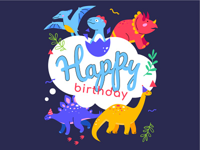 Happy birthday poster birthday character design dino dinosaur flat design illustration party poster style vector