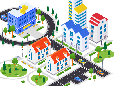 City district - isometric illustration building city design district hospital illustration isometric isometry landscape real estate street style town