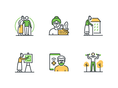 Senior people care - line icons active care design elderly icon line outline people retired senior style vector