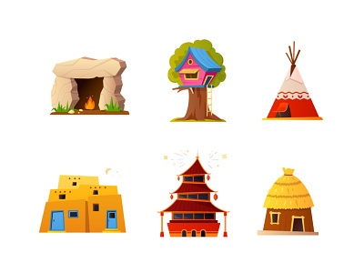 Different houses - flat objects architecture building culture design flat design house illustration landmark style tradition vector wigwam