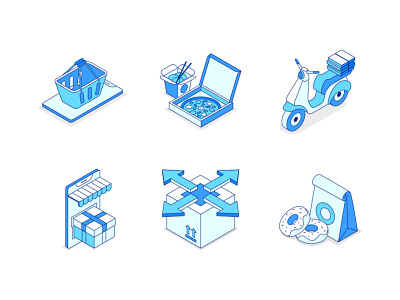 Food delivery line isometric icons delivery design food icon isometric isometry mobile app online order pizza shopping store style vector
