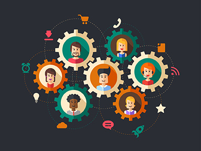 Work In Team. Connecting People avatar cogs connect icons illustration network people support team wheels