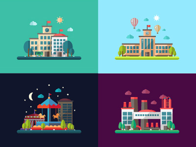 Four Cityscapes amusement park building city factory flat design house illustration plant school