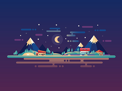 Night Landscape modern design flat illustration moon tourism landscape mountains midnight night