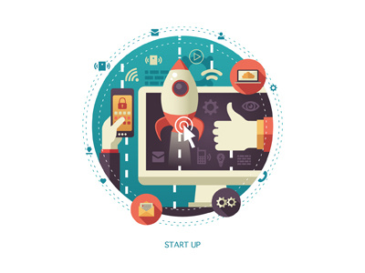 Business Start Up Flat Design Composition motivation illustration composition icon app tools laptop rocket shuttle start up flat design business