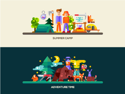 Camping and Hiking Compositions banner camping composition flat design hiking summer time tourism travel vacation