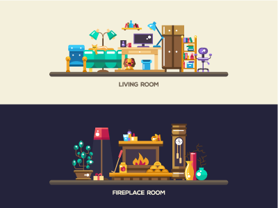 Home Interior Banners Set design flat icon living fireplace room furniture domestic header banner interior home