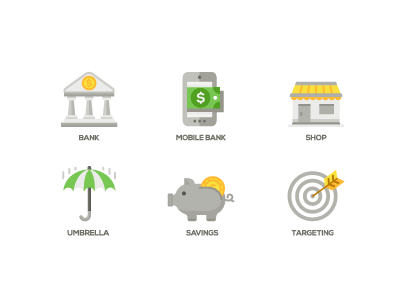 Business and Finance Icons app bank business finance flat design icons investments piggy savings shop targeting umbrella